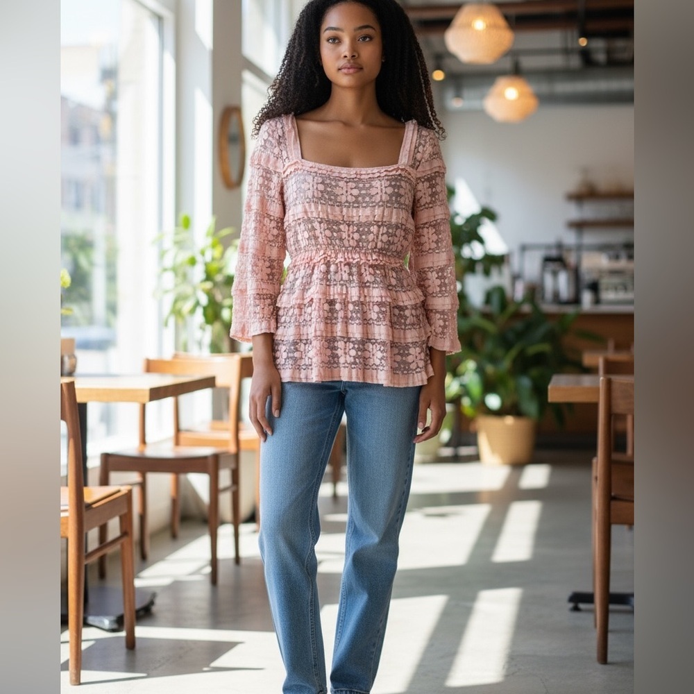 SOPHIE MAX Peach Lace peplum long sleeve Blouse size M